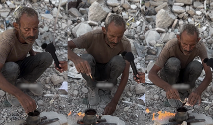 Gazzeli adam, evinin enkazında kahve pişirerek direnişe destek verdi