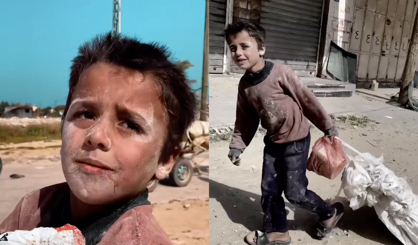 Filistinli çocuk, patlak un çuvalını ailesi için taşıdı