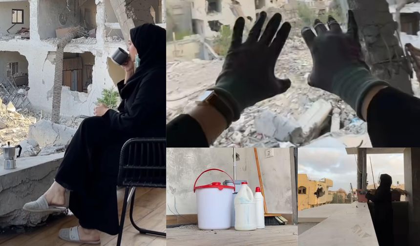 Gazzeli kadın, İsrail'in bombaladığı evini temizleyip çiçeklerini suladı