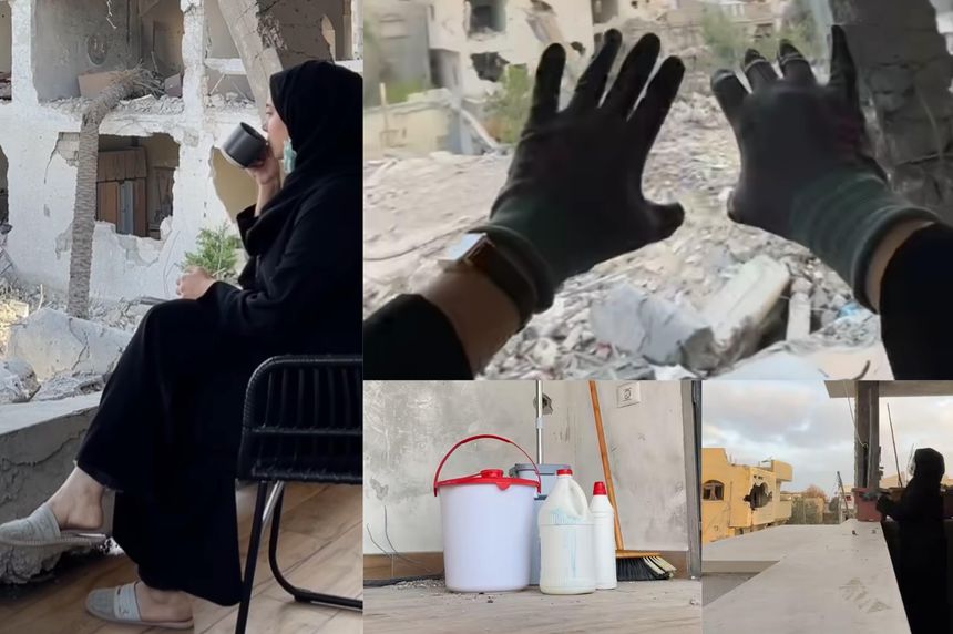 Gazzeli kadın, İsrail'in bombaladığı evini temizleyip çiçeklerini suladı